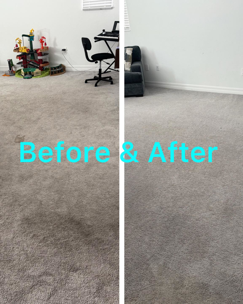 Before and after comparison of a dirty carpet cleaned by M&M Carpet & Tile Care in Cape Coral, FL