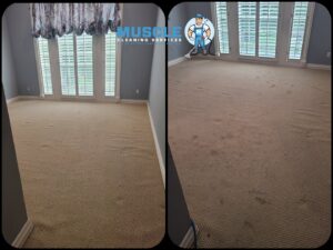 Before and after comparison of a carpet cleaned by Muscle Cleaning Services in Dallas, TX.