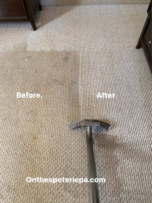 Before and after results of a carpet cleaning service by On The Spot Carpet Cleaning in Erie, PA, showing a clean path.