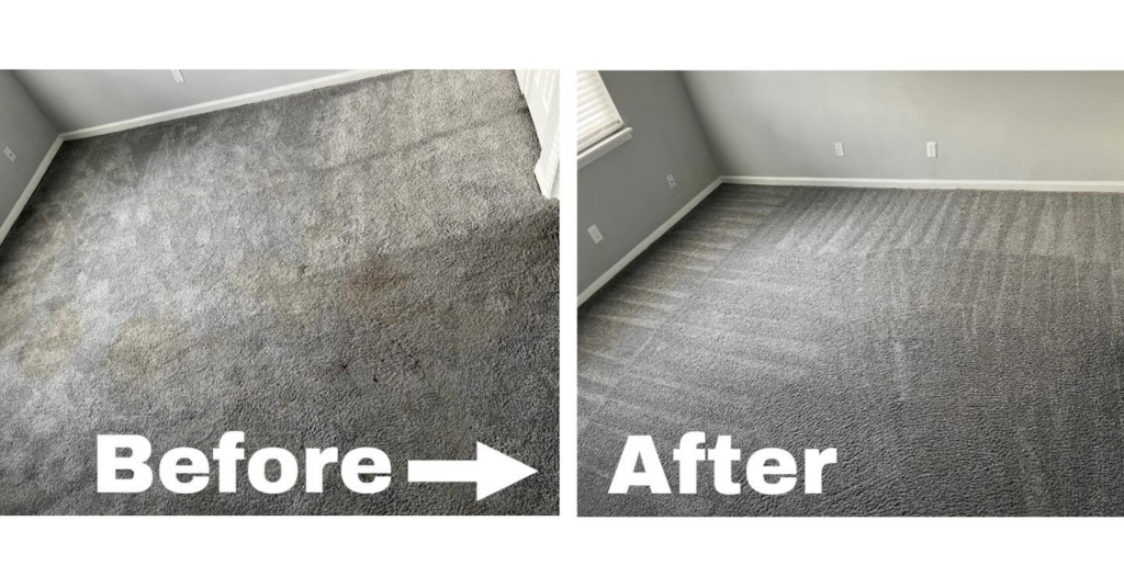 Before and after comparison of a grey carpet showing significant cleaning results by D&A Carpet Cleaning in Durham, NC.