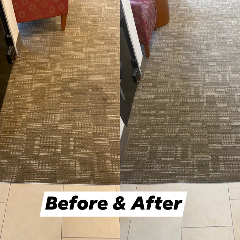 Before and after comparison of a carpet cleaning job by Kelly's Carpet Cleaning in Medford, OR