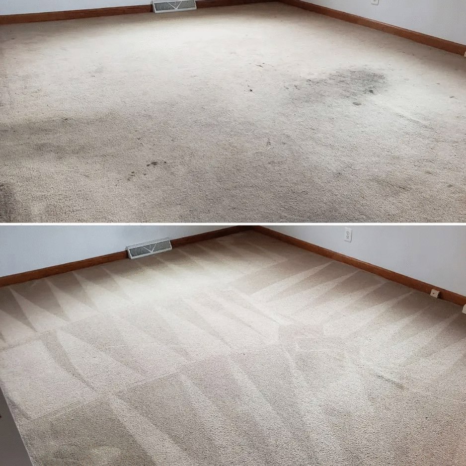 A before and after comparison showing a dramatically cleaner carpet by LS Upstate Cleaning in Greenville, SC.