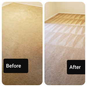 Before and after comparison of a professionally cleaned carpeted room by Dr. Scrub Carpet Cleaning in Houston, TX