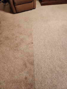 Before and after view of a dirty carpet transformed into a clean one by Spots Away Carpet Cleaning in Montgomery, AL