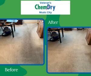 Before and after comparison of a carpeted room after professional cleaning by Veterans Chem-Dry Music City in Nashville, TN.