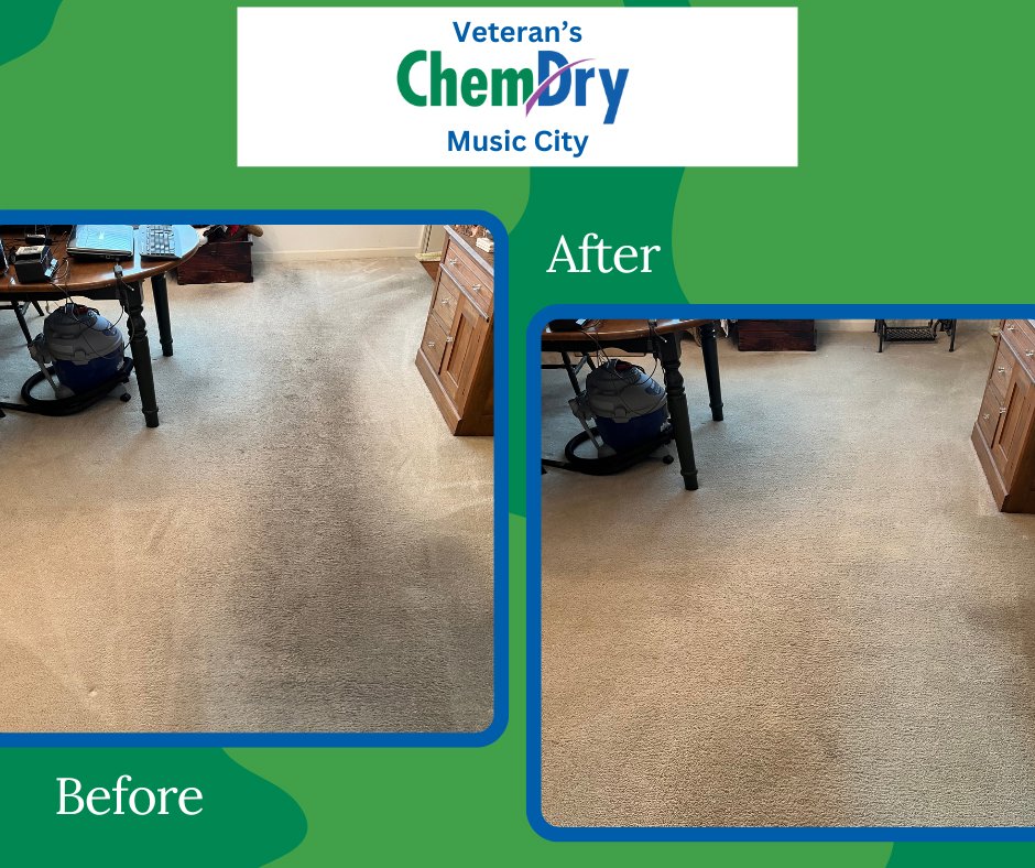 Before and after comparison of a carpeted room after professional cleaning by Veterans Chem-Dry Music City in Nashville, TN.