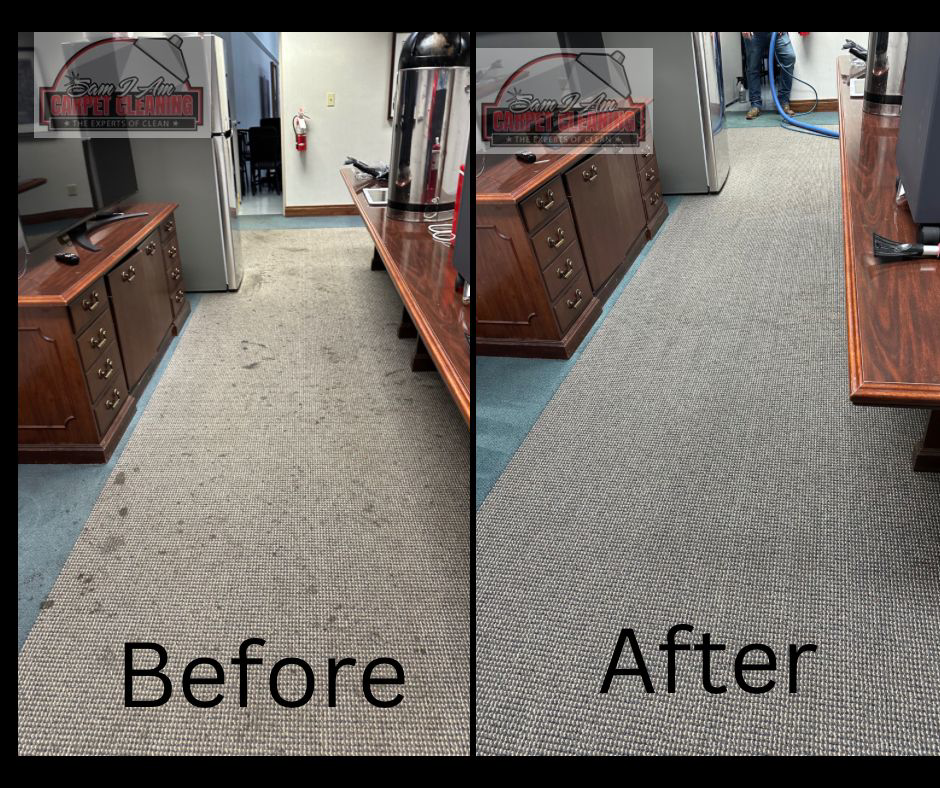 Before and after comparison of a professional carpet cleaning job by Sam I Am Carpet Cleaning in Rossville, IN.