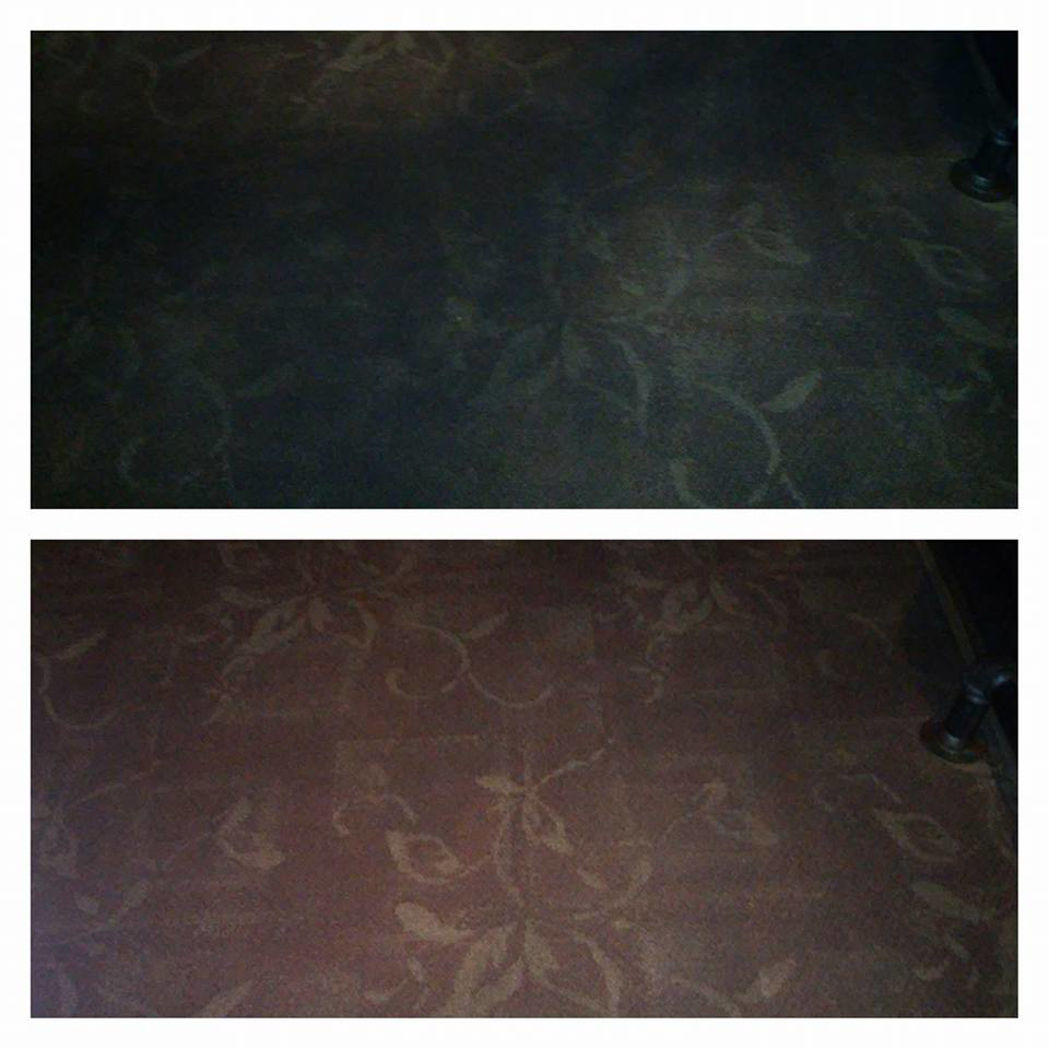 A before and after comparison showing a dirty carpet transformed by professional cleaning from Solmon Brothers Carpet Cleaning Services in Glendale, AZ.