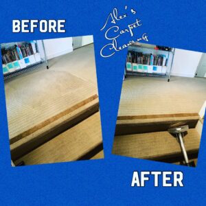 Another before and after comparison of carpeted stairs cleaned by Alex's Carpet Cleaning in Omaha, NE.