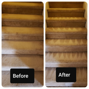 Before and after comparison of professionally cleaned carpeted stairs by Dr. Scrub Carpet Cleaning in Houston, TX