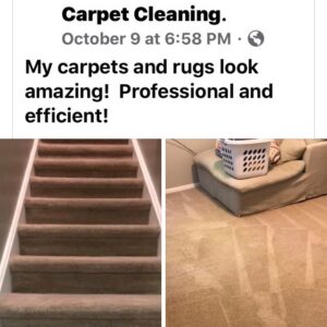 Before and after comparison of professionally cleaned carpeted stairs and a room by Olen's Carpet & Upholstery Cleaning LLC in Cleveland, OH.