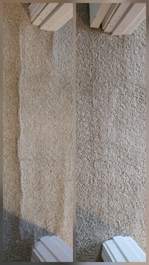 Before and after comparison of a light-colored carpet, showing a professionally cleaned strip by All Seasons Carpet Cleaning in Loves Park, IL.