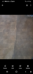 A grey patterned carpet showing a clear before and after cleaning difference by Sunshine Carpet Cleaning in Waterbury, CT.