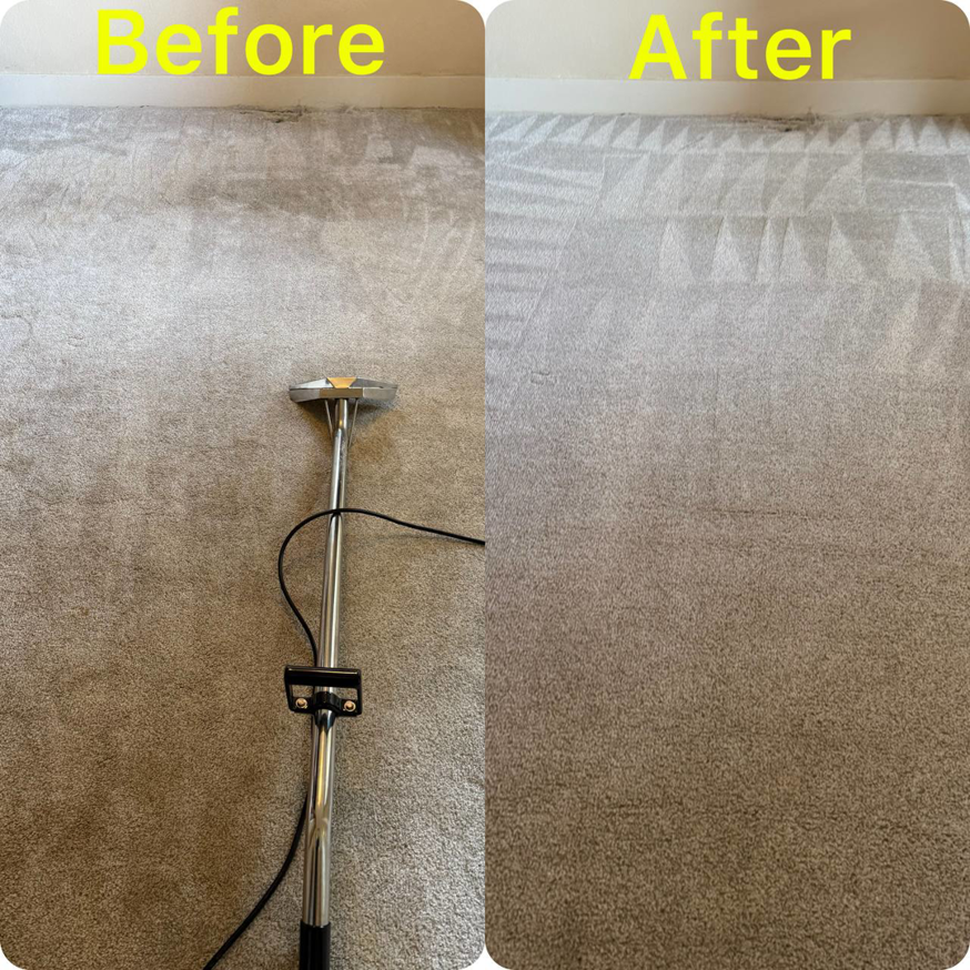 Before and after professional carpet cleaning with a cleaning wand by Alex & Mary Carpet & Upholstery Cleaning in Tacoma, WA.