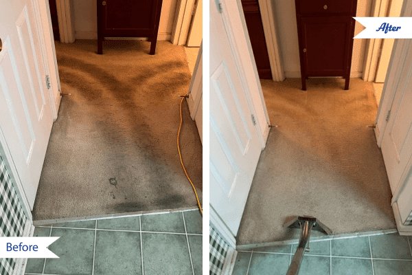 Before and after comparison of a dirty carpeted hallway after professional cleaning by Veterans Chem-Dry Music City in Nashville, TN.