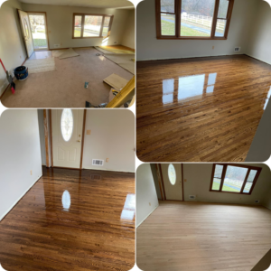 Before and after view of a carpet removal job by Nelson's Floor Sanding in Brooklyn Park, MN.