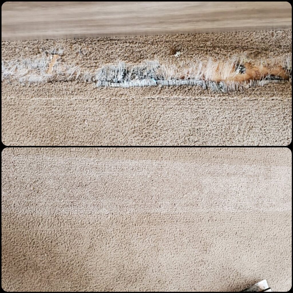 Before and after comparison of a damaged carpet edge after professional repair and cleaning by Belles Carpet Cleaning & Janitorial Inc. in Harrisburg, PA.