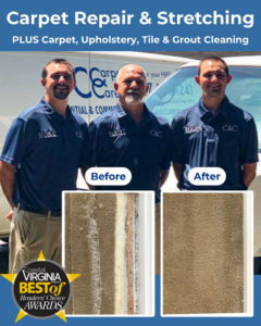 Before and after comparison of carpet repair and stretching service by C & C Carpet Care in Atlantic Beach, FL.
