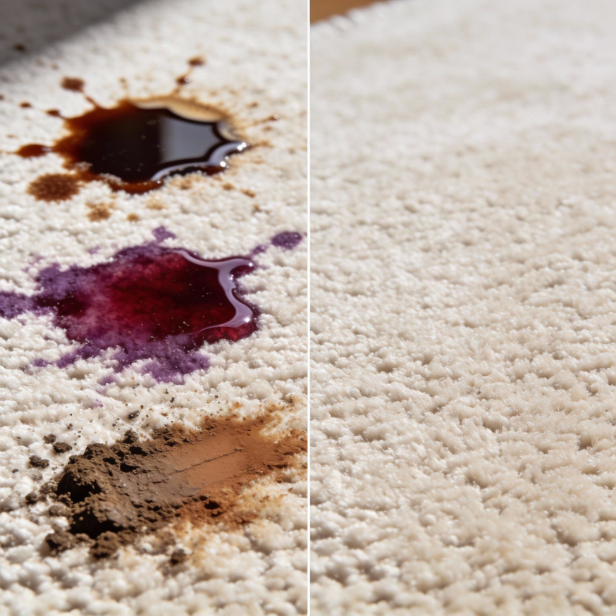 A split image showing various stains on a carpet before cleaning and the same carpet perfectly clean after service by Advantage Carpet Cleaning in El Paso, TX