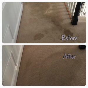 Before and after comparison of carpeted landing area with stain removal by D&A Carpet Cleaning in Durham, NC.