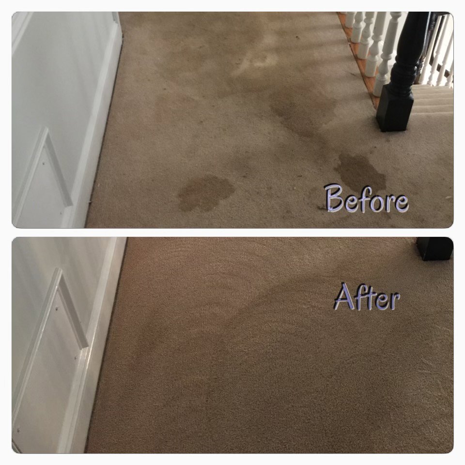 Before and after comparison of carpeted landing area with stain removal by D&A Carpet Cleaning in Durham, NC.