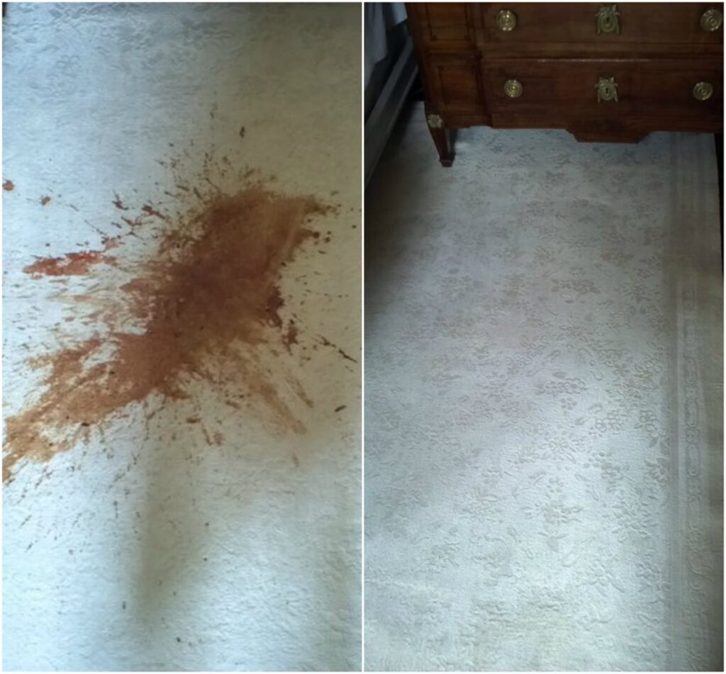 Before and after photos showing a large spill completely removed from a carpet by Fiber-Seal of North Texas in Dallas, TX