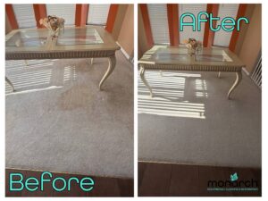 Before and after comparison of a carpet stain removal by Monarch Cleaning Solutions in Parkville, MO
