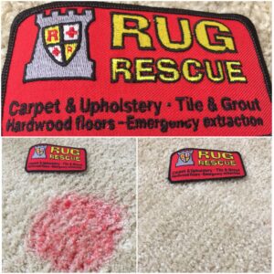Before and after comparison of a red carpet stain removal by Rug Rescue Carpet & Upholstery Cleaning in Puyallup, WA.