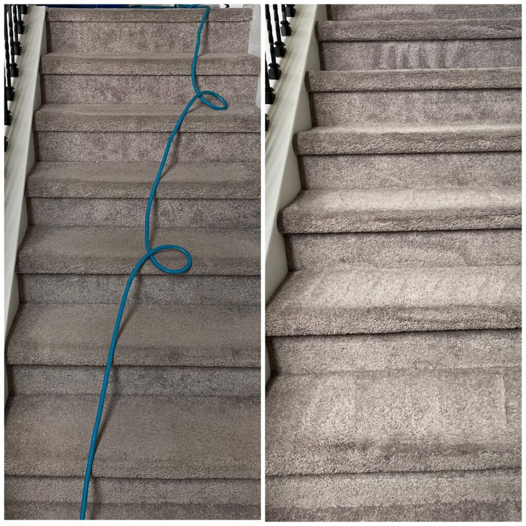Before and after comparison of carpeted stairs after professional cleaning by Carpet Kingz in Houston, TX