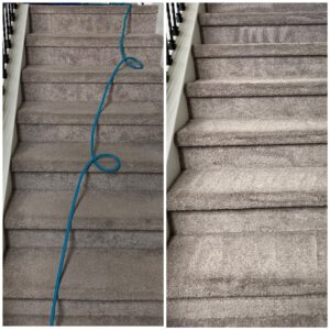 Before and after comparison of carpeted stairs after professional cleaning by Carpet Kingz in Houston, TX