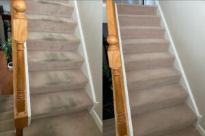 Before and after comparison of dirty and clean carpeted stairs by Heaven's Best Carpet Cleaning in Oklahoma City, OK.