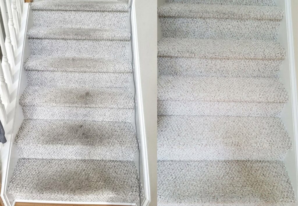 Before and after comparison of dirty and clean carpeted stairs, showcasing results from All Out Carpet Cleaning in Kailua Kona, HI.