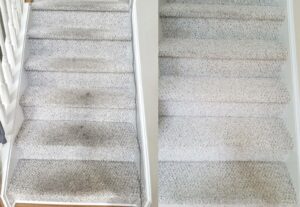 Before and after comparison of dirty and clean carpeted stairs, showcasing results from All Out Carpet Cleaning in Kailua Kona, HI.