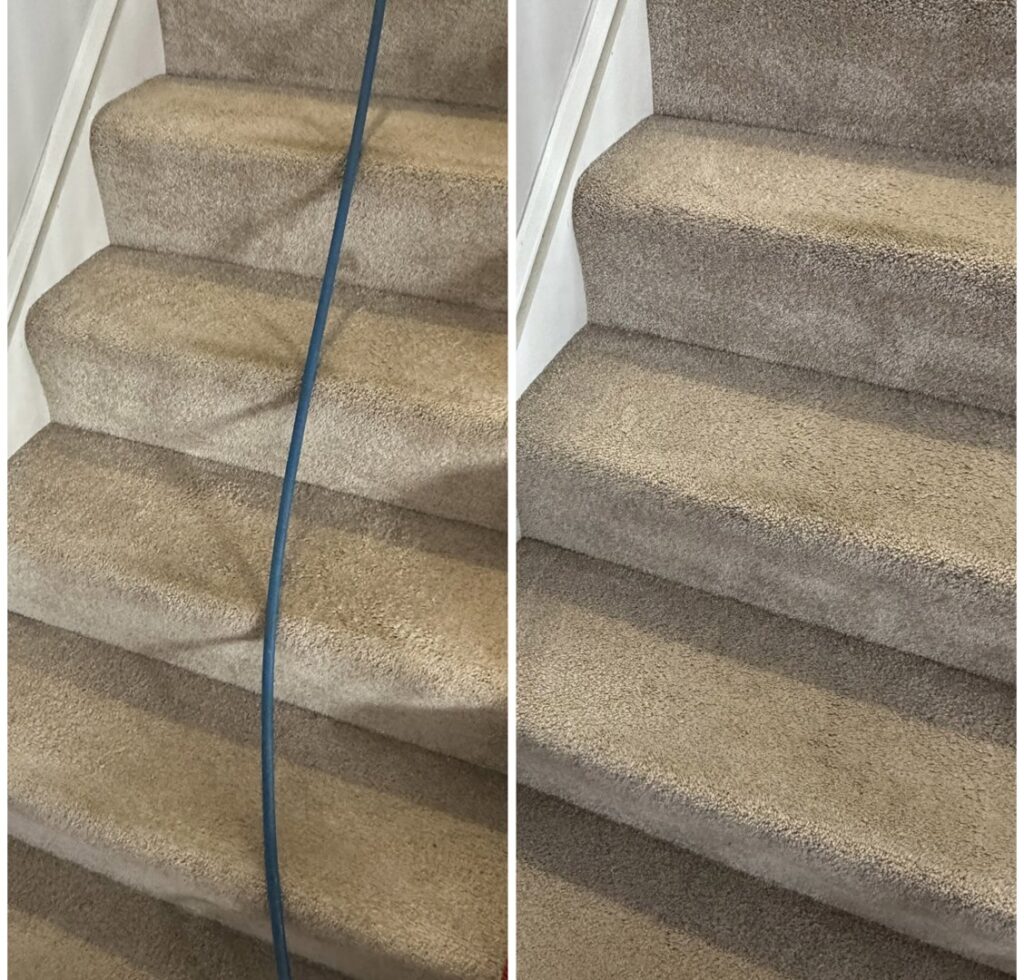 Before and after comparison of carpeted stairs, showing effective cleaning by Clean Technologies, LLC in Middletown, PA.