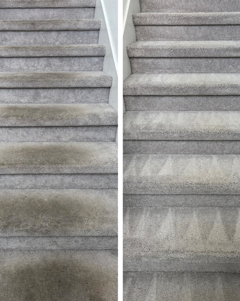 Before and after comparison of dirty carpeted stairs cleaned by M&M Carpet & Tile Care in Cape Coral, FL