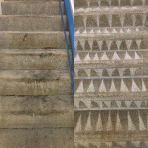 Before and after comparison of carpeted stairs, showing significant cleaning results by Presto Carpet And Tile Cleaning in Brentwood, CA.