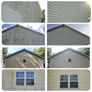 Before and after comparison of carpeted stairs, showing professional cleaning by Clear Vision Carpet & Floor Care, Inc. in Newnan, GA.
