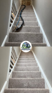 Before and after comparison of carpeted stairs cleaned by GreenLine Carpet Cleaning in Aurora, CO.