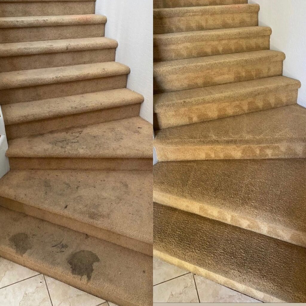 Before and after comparison of dirty and clean carpeted stairs by LS Upstate Cleaning in Greenville, SC.