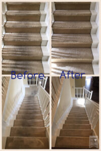 Before and after comparison of carpeted stairs cleaning by Mystic Steam Carpet & Upholstery Cleaning in Long Beach, CA