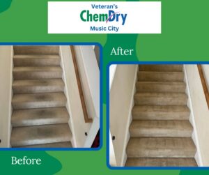 Before and after comparison of dirty carpeted stairs after professional cleaning by Veterans Chem-Dry Music City in Nashville, TN.