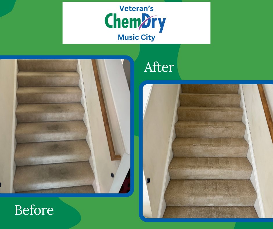 Before and after comparison of dirty carpeted stairs after professional cleaning by Veterans Chem-Dry Music City in Nashville, TN.