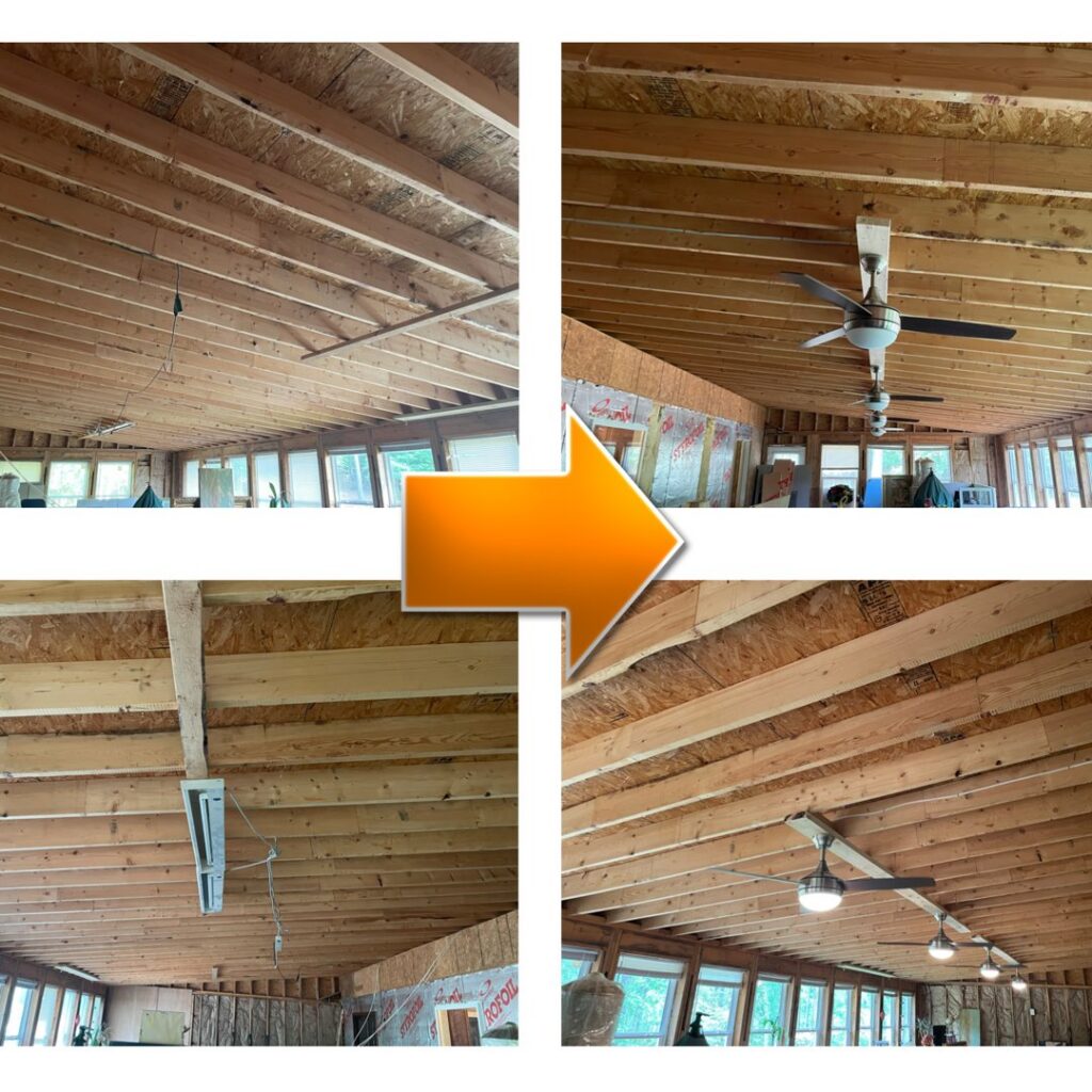 Before and after comparison of a room with new ceiling fans and lighting installed by J&M Electrical Services in Stockbridge, GA.