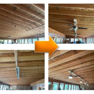 Before and after comparison of a room with new ceiling fans and lighting installed by J&M Electrical Services in Stockbridge, GA.