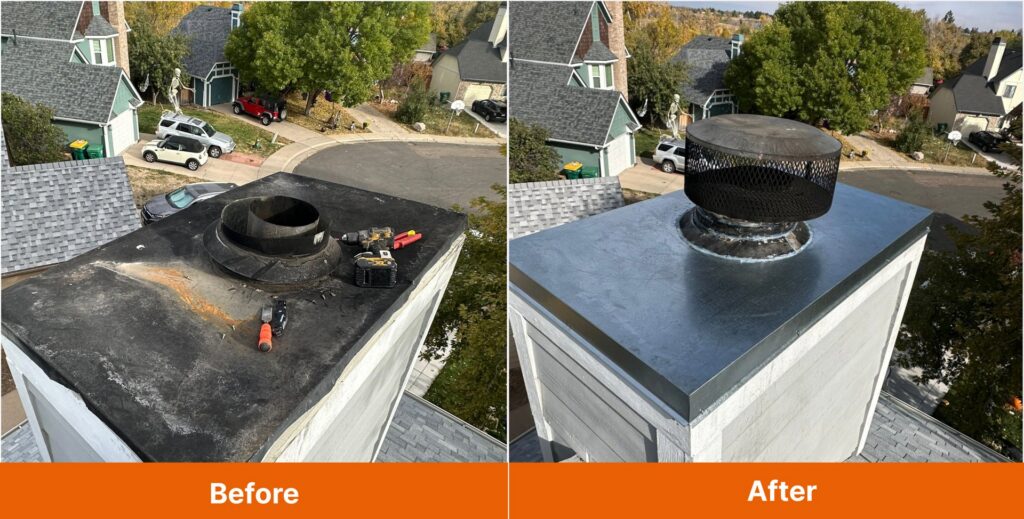 Before and after view of a chimney cap replacement and repair by Top Chimney Fix in Denver, CO.