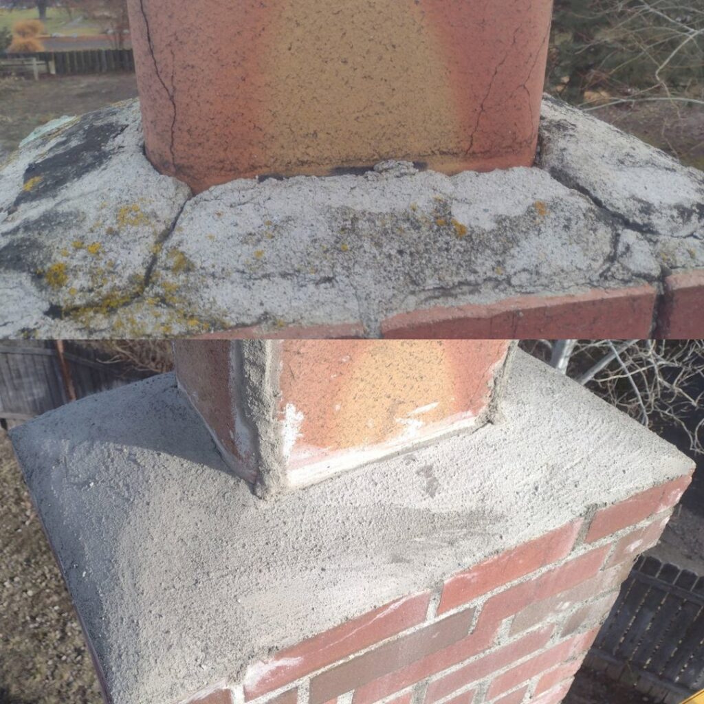 Before and after view of a chimney crown repair by Western Expanse Chimney and Hearth in De Smet, ID.