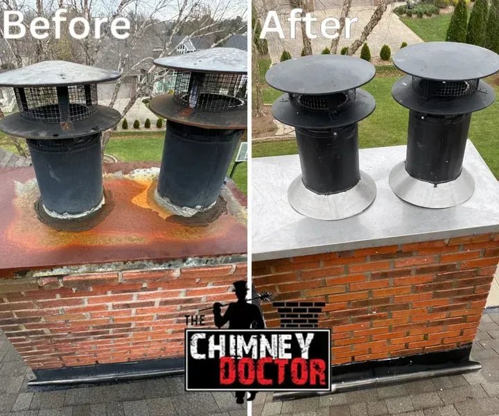 A before and after comparison showing rusty chimney flues replaced with new, clean caps by The Chimney Doctor in Louisville, KY.