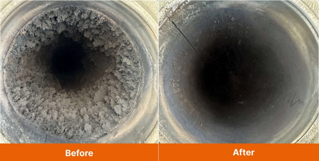 Before and after view of a chimney flue showing significant creosote buildup removed by Top Chimney Fix in Denver, CO.