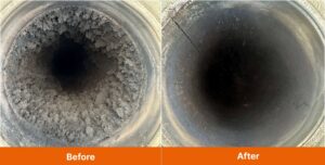 Before and after view of a chimney flue showing significant creosote buildup removed by Top Chimney Fix in Denver, CO.