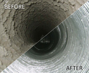 Before and after view of a dirty and clean chimney flue by Western Expanse Chimney and Hearth in De Smet, ID.